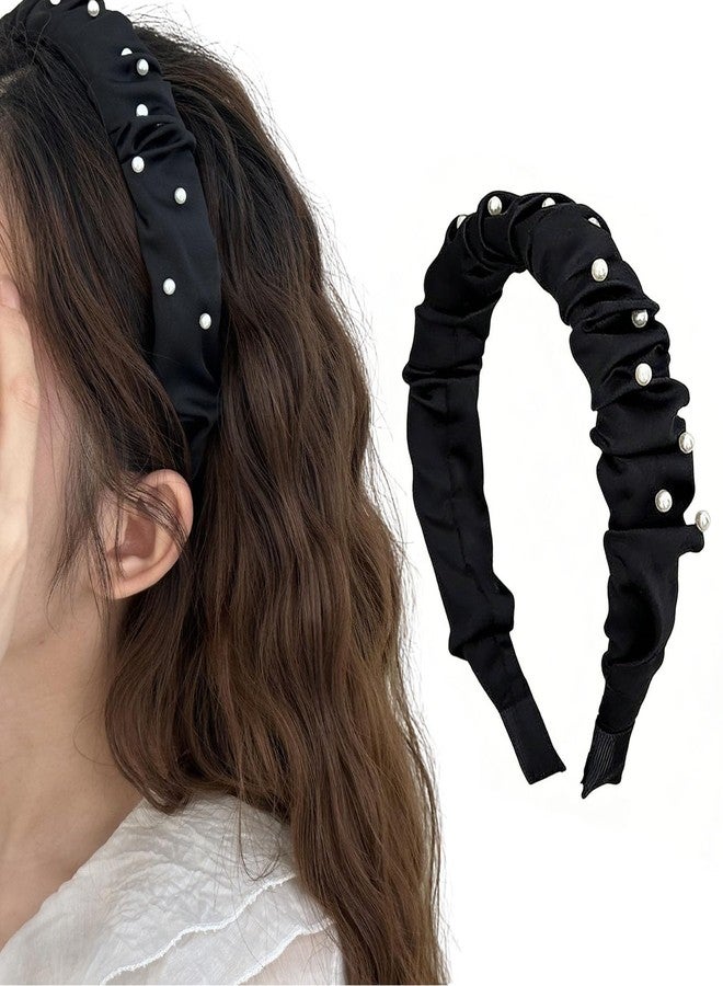 Ceoyiler Black Headband, Fashion Satin Pearl Headband for Women,Cute Vintage Designer Black Hair Accessories for Women and Girls - Image 1